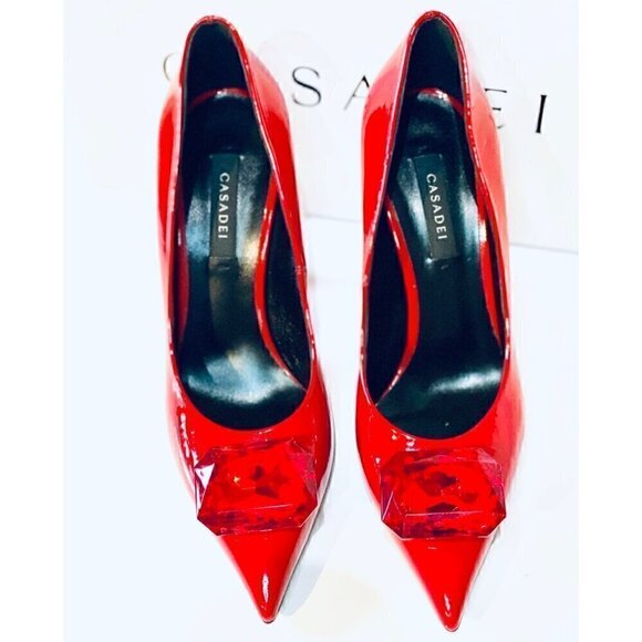 Casadei Red Patent Leather High Heel Pumps sz 36 Faux Rhinestone Gemstone Detail - Picture 5 of 17